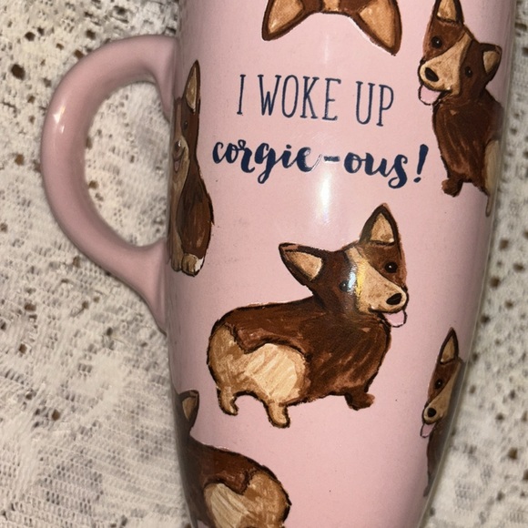 NWOT large Sheffield Home Corgis themed pink mug with black lid - Picture 1 of 8